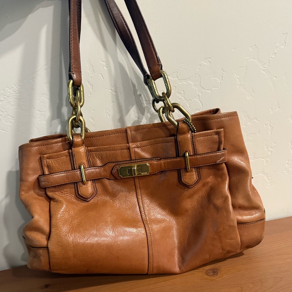 Coach Tan Leather Shoulder Bag with Gold Accents